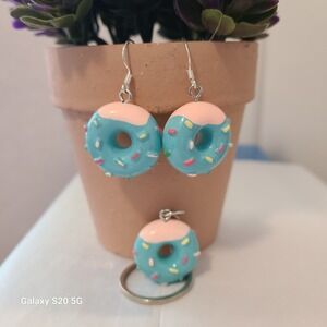 Donut Earrings‎ & Keychain Set, Blue Pink Sprinkles, Fun Quirky Kawaii Jewelry
